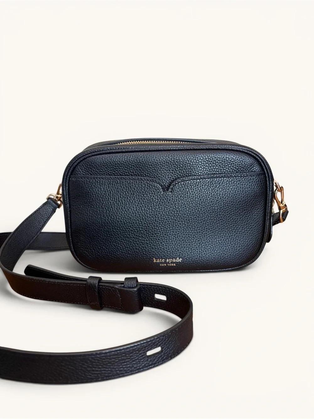 kate spade Black Pebbled Leather Camera Infinite Bag with Gold Hardware